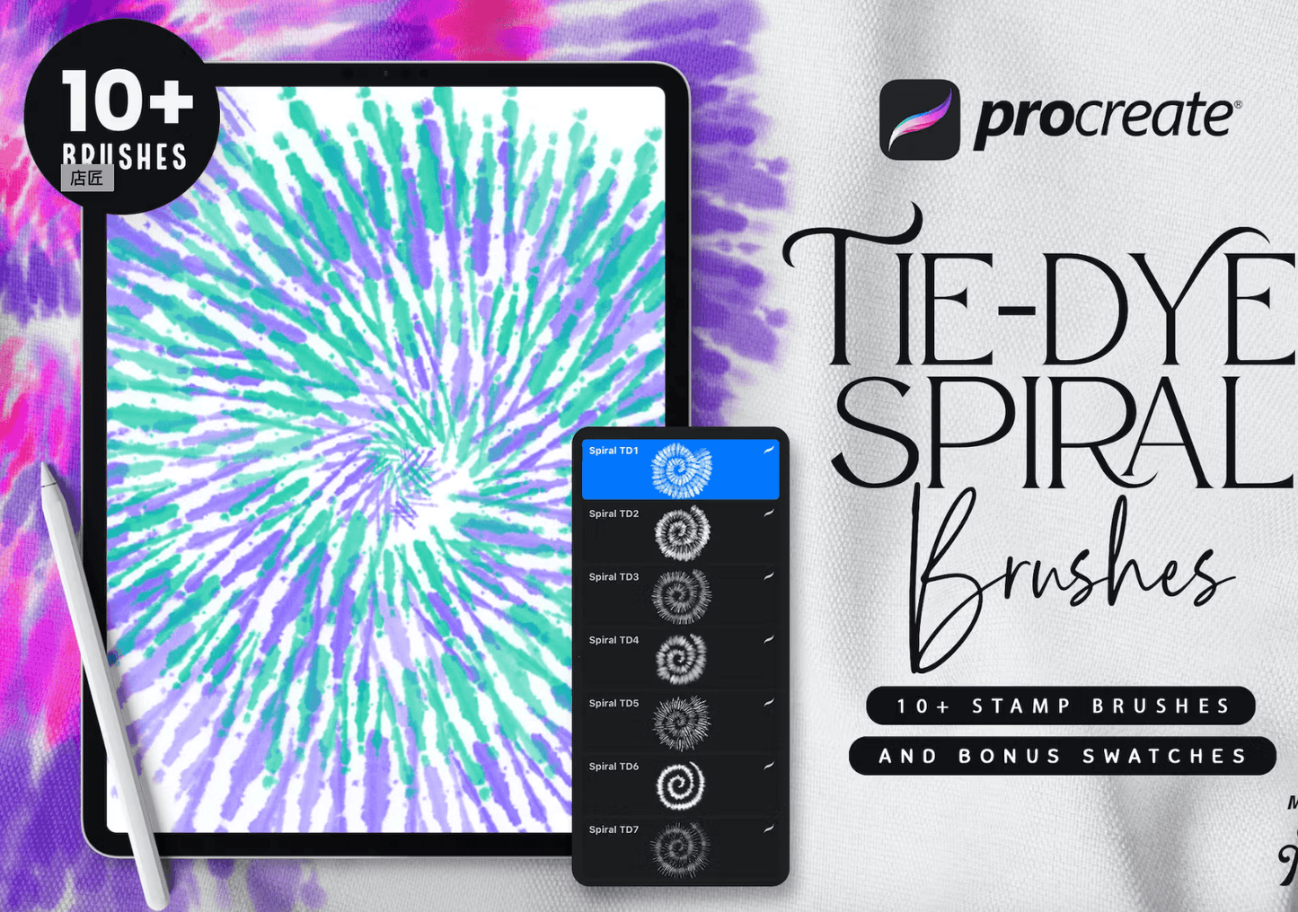565 Procreate Tie-Dye Spiral Brushes - whaledesign