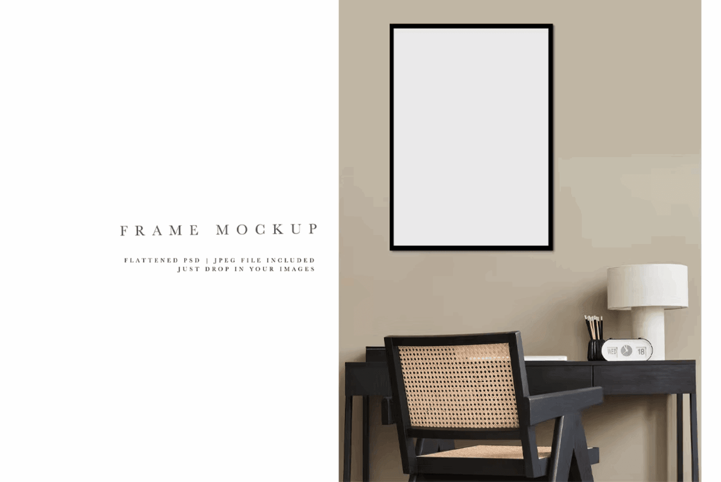 142Frame Mockup #2686, Black Portrait Frame, Interior - whaledesign
