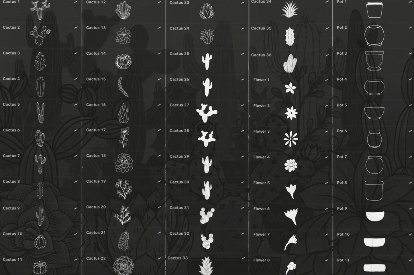 607 Cactus Succulents and Pots - Procreate Brushes - whaledesign