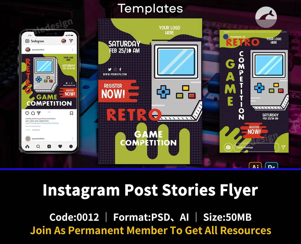12Retro Gaming Instagram Post Stories Flyer - whaledesign
