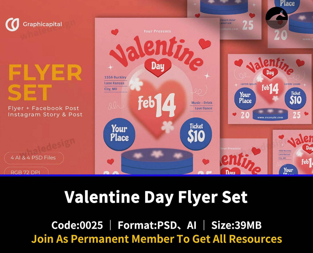 25Pink Flat Design Valentine Day Flyer Set - whaledesign