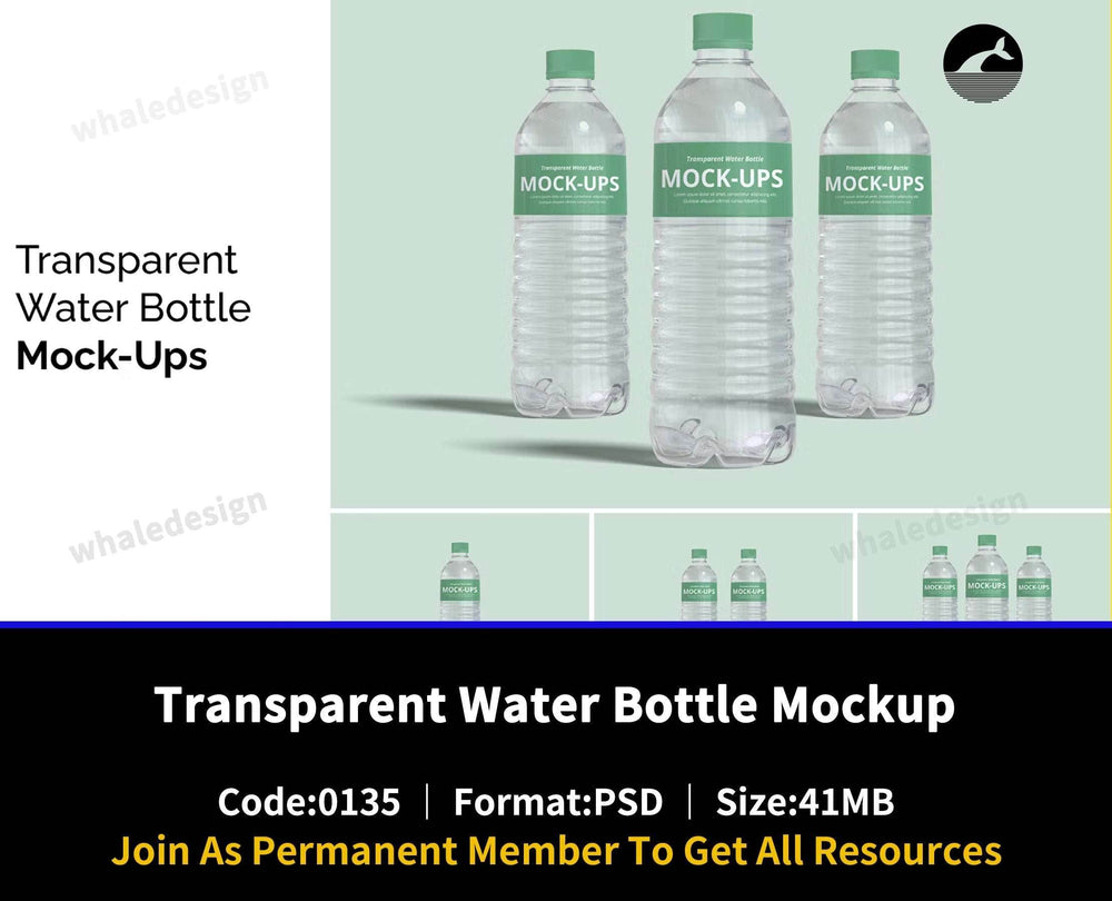 135Transparent Water Bottle Mockup - whaledesign