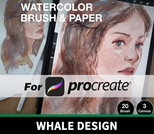 756 Procreate 20 Realistic Watercolor Brushes + 3 Textured Paper Set - whaledesign