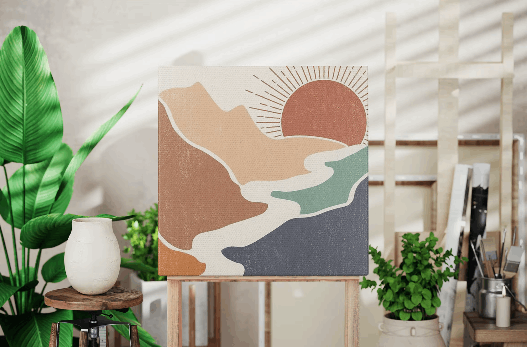 210Square Canvas Frame In Art Workshop Mockup