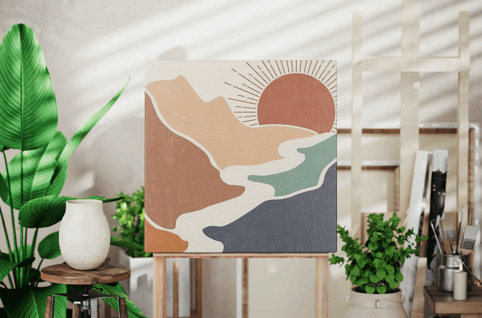 210Square Canvas Frame In Art Workshop Mockup - whaledesign