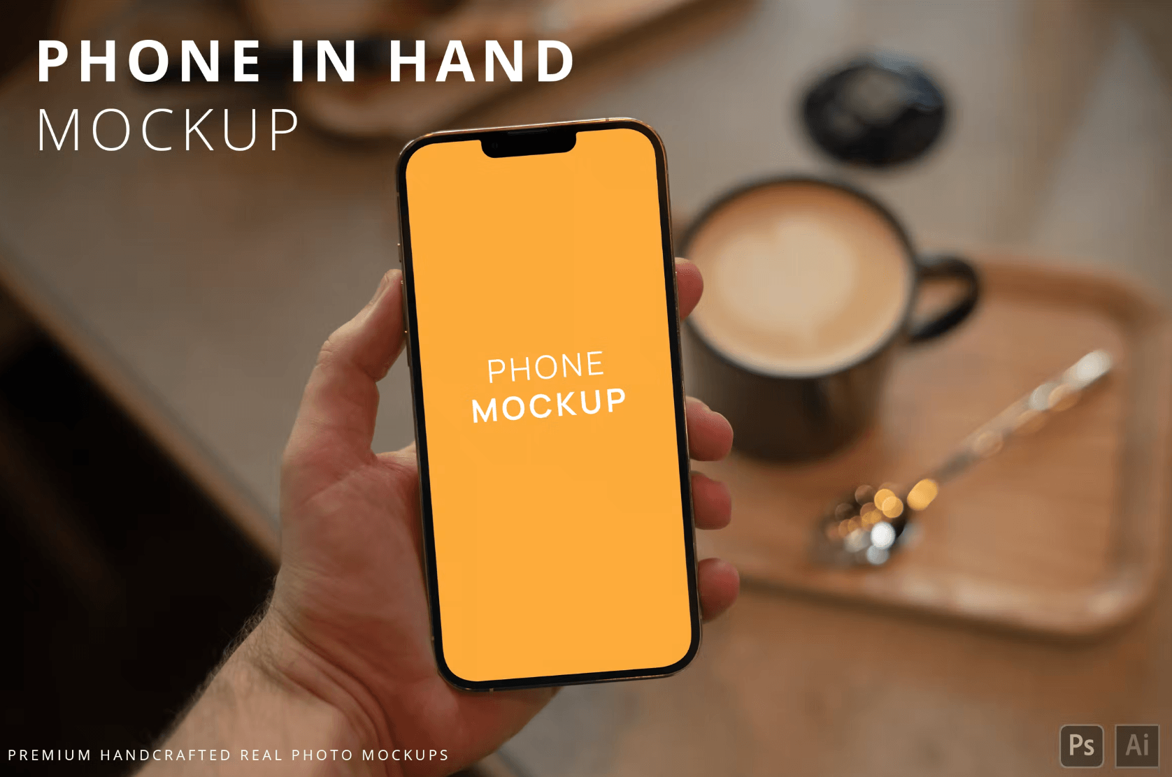 353POV iPhone 13 Pro Max in Hand Mockup in Cafe - whaledesign