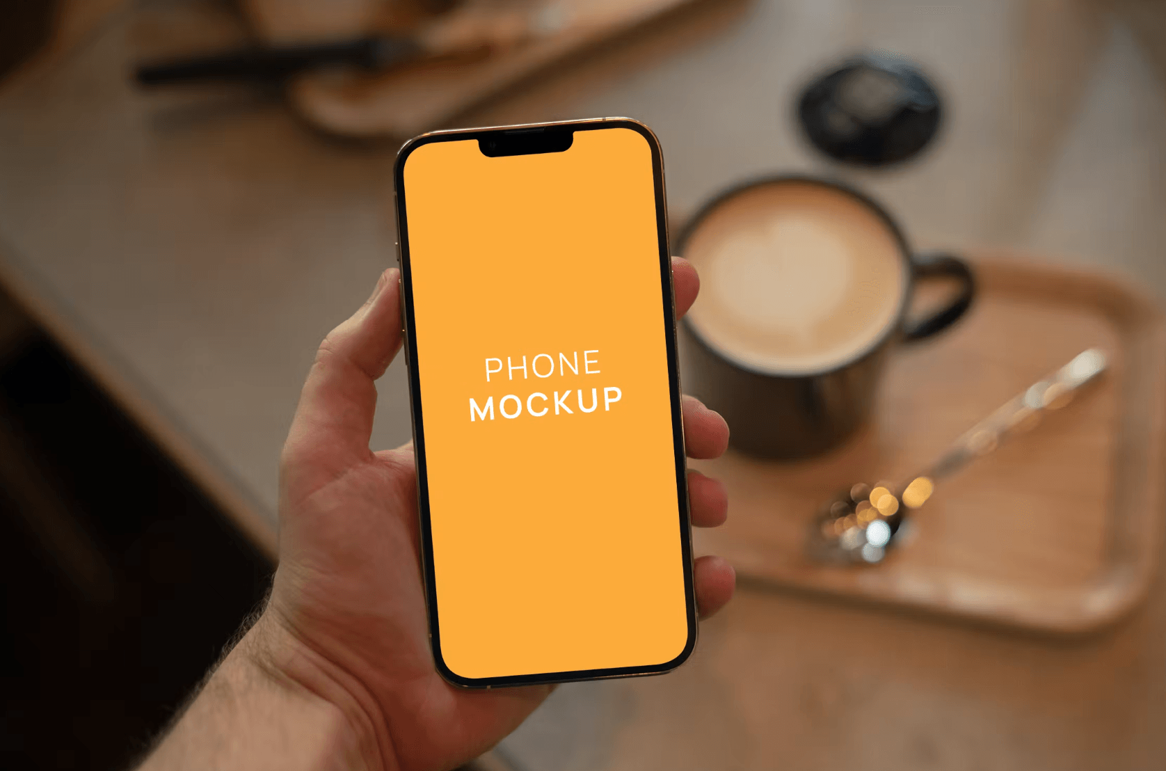 353POV iPhone 13 Pro Max in Hand Mockup in Cafe - whaledesign