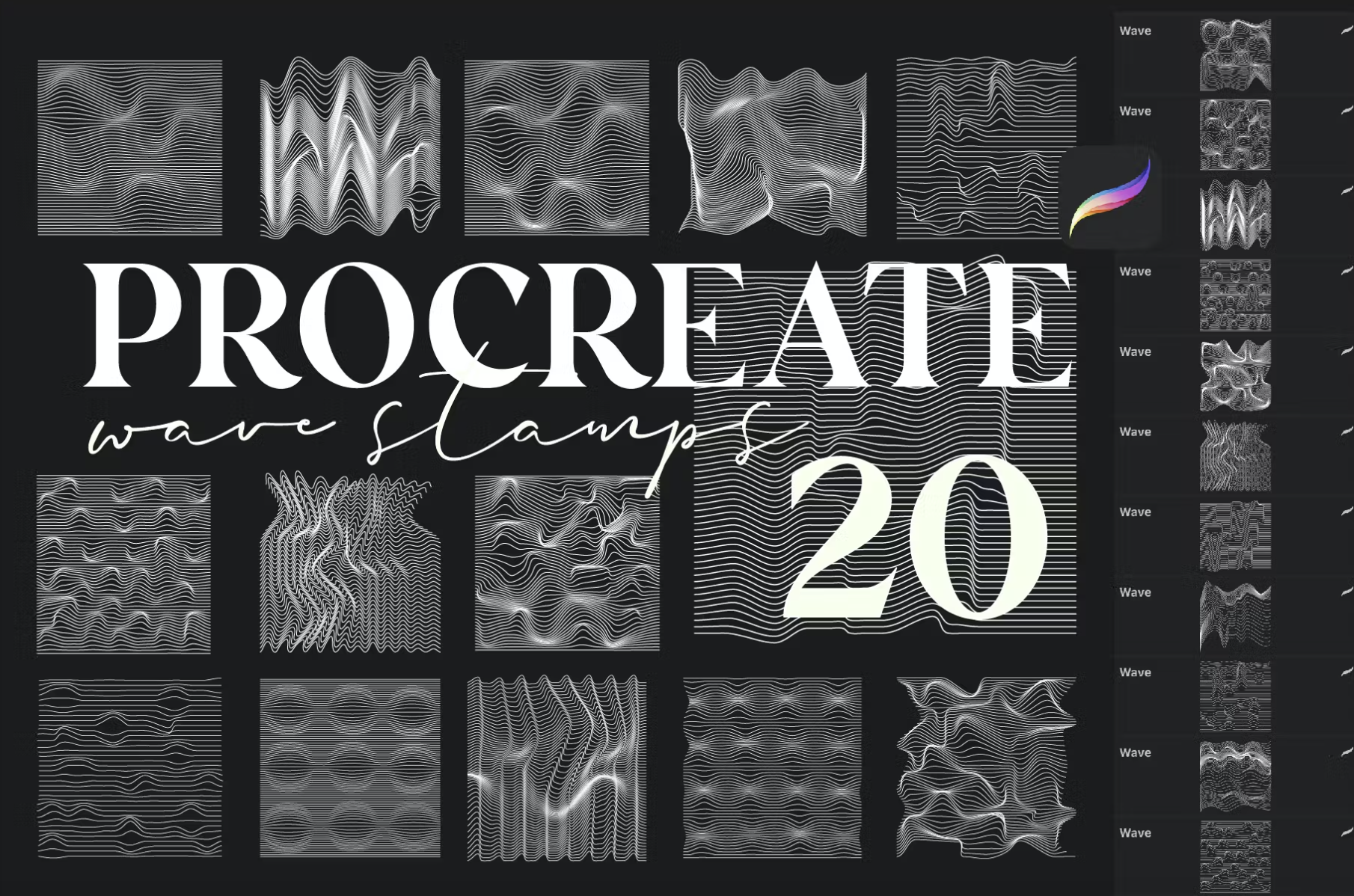 650 Procreate Wave line Stamps - whaledesign