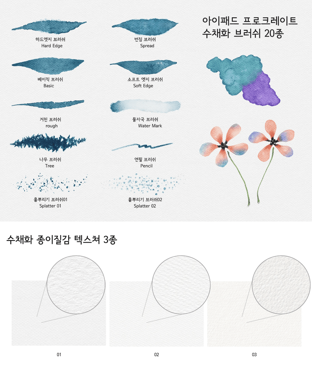 756 Procreate 20 Realistic Watercolor Brushes + 3 Textured Paper Set - whaledesign