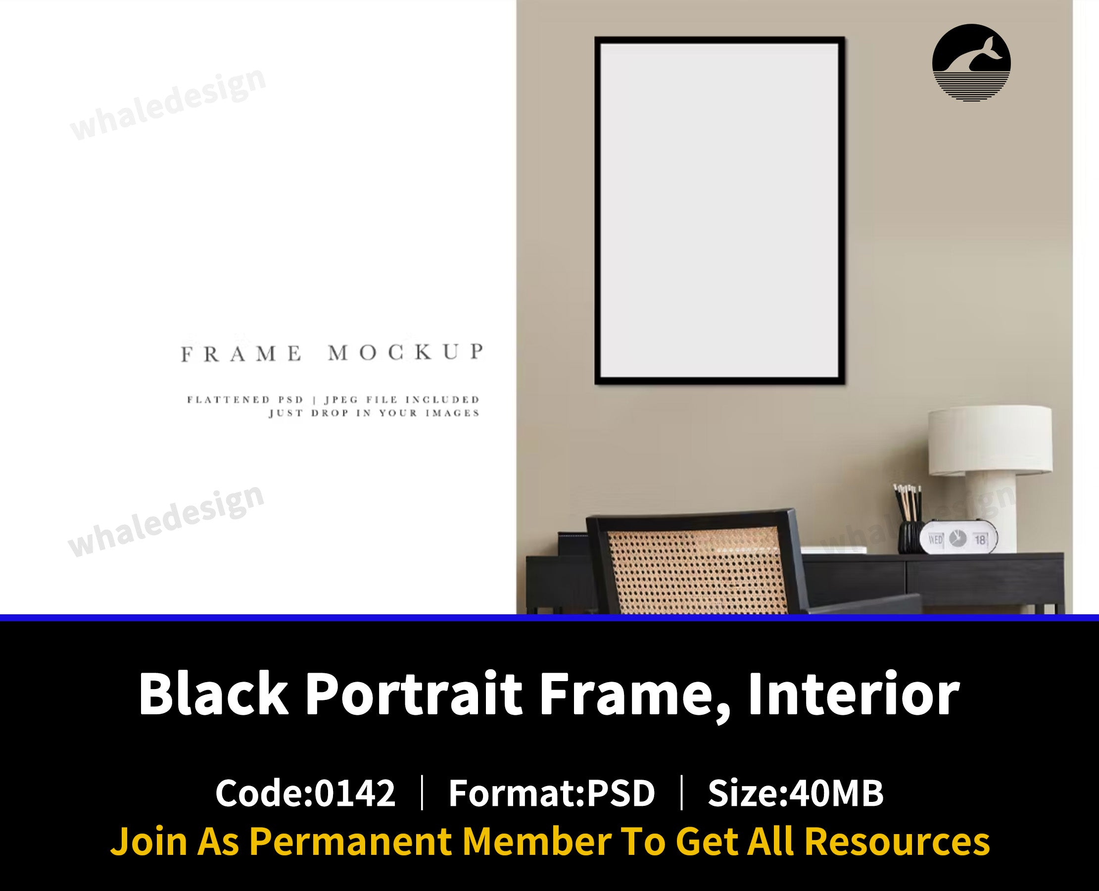 142Frame Mockup #2686, Black Portrait Frame, Interior - whaledesign