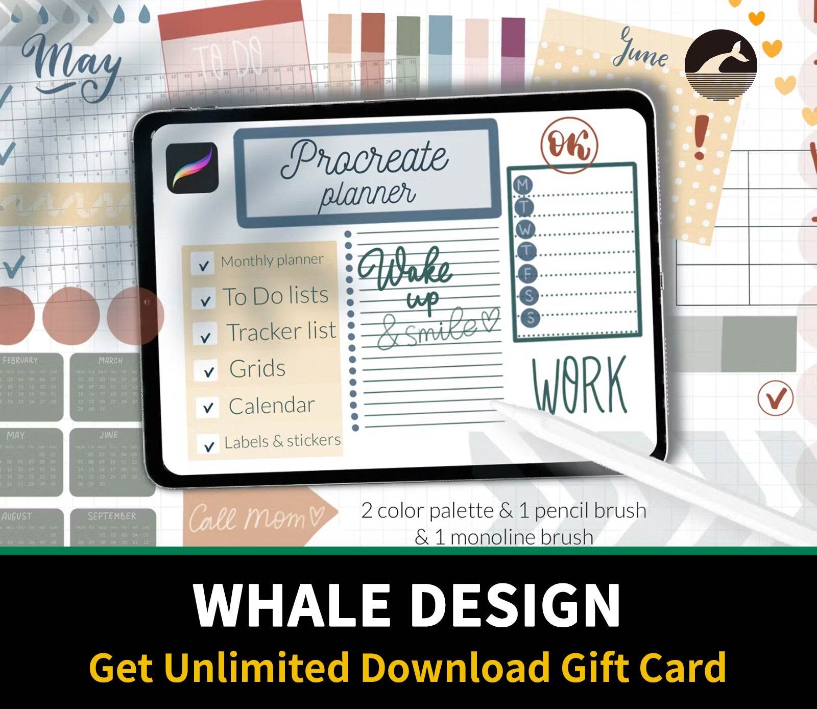 612 Procreate iPad planner stamps brush - whaledesign